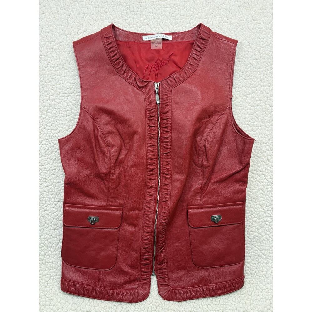 Peter Nygard Womens‎ M Red Leather Sleeveless Full-Zip Vest Knit Back Pockets